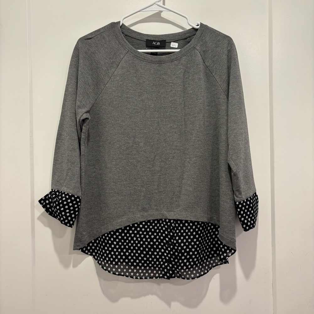 AGB Womens Grey Polka Dot Mixed Media Layered Look Top 3/4 Sleeve Blouse L